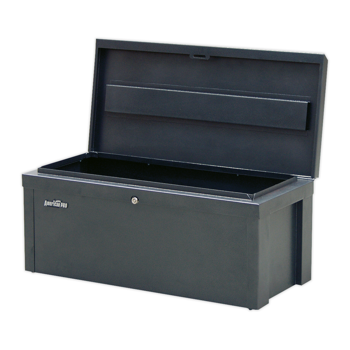 The Sealey Steel Storage Chest SB765, measuring 765 x 350 x 320mm, is a black rectangular toolbox crafted from heavy gauge steel. It features an open lid that reveals a spacious, empty interior. For added security, the front of the storage chest boasts a small keyhole.