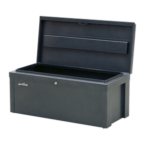 The Sealey Steel Storage Chest SB765, measuring 765 x 350 x 320mm, is a black rectangular toolbox crafted from heavy gauge steel. It features an open lid that reveals a spacious, empty interior. For added security, the front of the storage chest boasts a small keyhole.