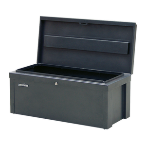 The Sealey Steel Storage Chest SB765, measuring 765 x 350 x 320mm, is a black rectangular toolbox crafted from heavy gauge steel. It features an open lid that reveals a spacious, empty interior. For added security, the front of the storage chest boasts a small keyhole.