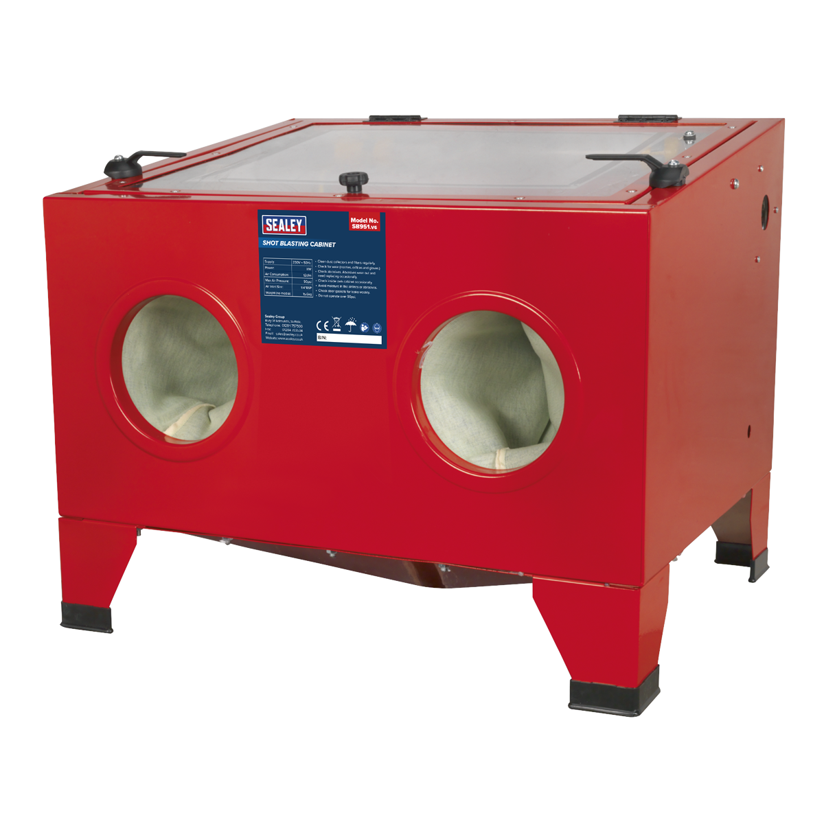 A Sealey Shot Blast Cabinet with Gun 640 x 490 x 490mm - SB951, featuring two circular glove ports and a rectangular viewing window on top, perfect for workshop cleaning applications.