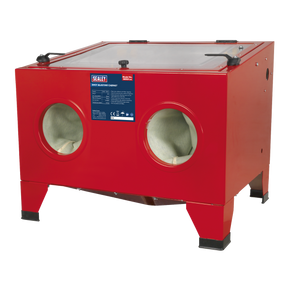 A Sealey Shot Blast Cabinet with Gun 640 x 490 x 490mm - SB951, featuring two circular glove ports and a rectangular viewing window on top, perfect for workshop cleaning applications.