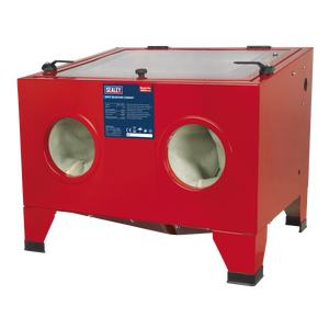 A Sealey Shot Blast Cabinet with Gun 640 x 490 x 490mm - SB951, featuring two circular glove ports and a rectangular viewing window on top, perfect for workshop cleaning applications.