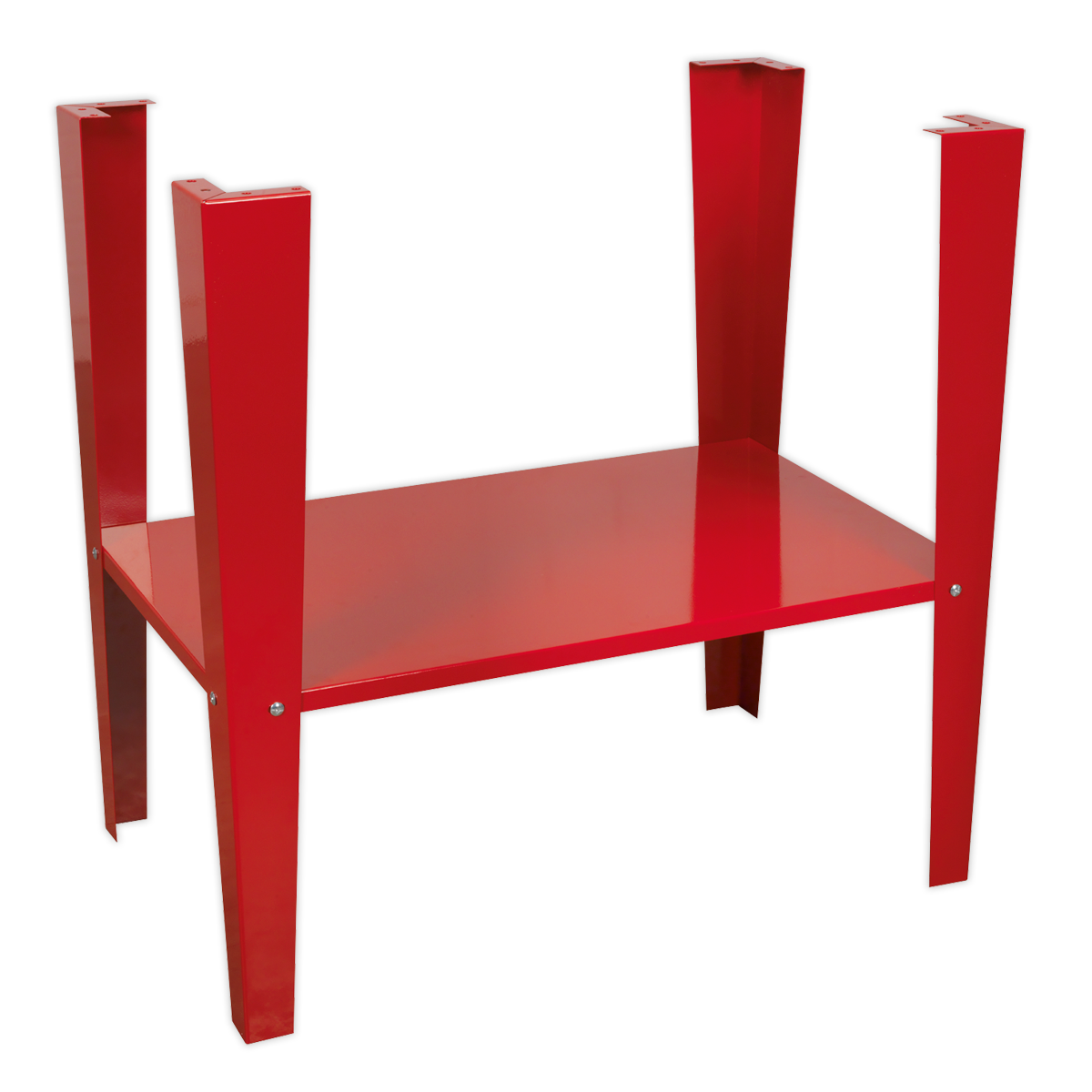 The Sealey Stand for SB972 - SB972/ST, a striking red metal table with angular legs, mirrors the sleek design of an inverted floor stand, evoking the presence of an art piece displayed in the corner of a shot blasting cabinet.