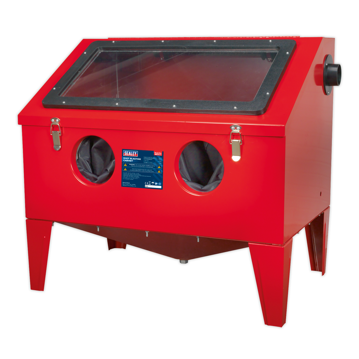 The Shot Blasting Cabinet 760 x 510 x 715mm - SB972 from Sealey features a red benchtop design with a front viewing window, two glove ports, and a black knob on the side. The steel cabinet is supported by four elevated legs and has a manufacturer's label on the front, making it ideal for workshop cleaning applications.