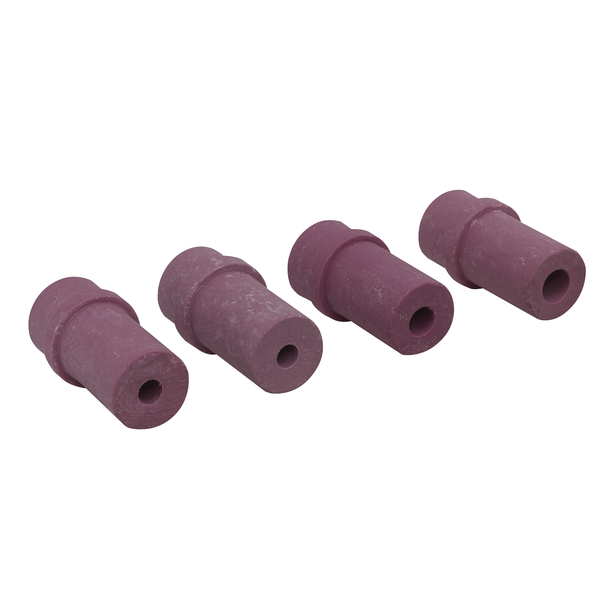 Four Sealey Ceramic Sand Gun Blasting Nozzles (SB974N4), small and cylindrical with a maroon color, arranged in a row on a plain white background.