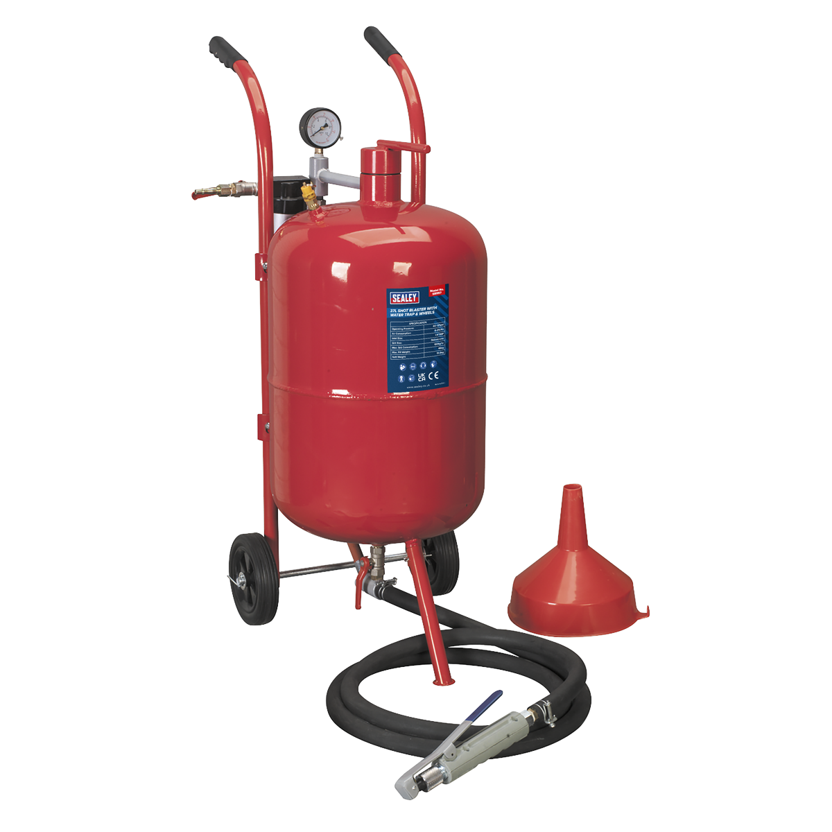 The Sealey Shot Blaster with Water Trap & Wheels 37L - SB997 is a red portable sandblaster on a wheeled base, equipped with a pressurized tank, attached hose, nozzle, pressure gauge, and red funnel—perfect for rust stripping and grit blasting tasks.