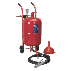 The Sealey Shot Blaster with Water Trap & Wheels 37L - SB997 is a red portable sandblaster on a wheeled base, equipped with a pressurized tank, attached hose, nozzle, pressure gauge, and red funnel—perfect for rust stripping and grit blasting tasks.