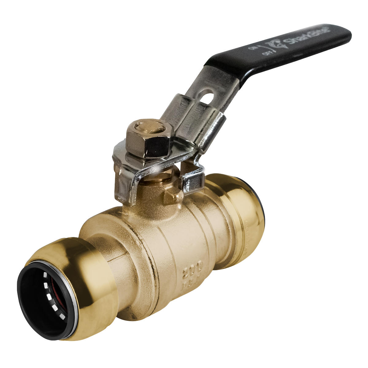 Here is an image of the SharkBite® Ball Valve 15mm SharkBite® - SBA15BV from Sealey, featuring a brass quarter-turn mechanism with a black handle and two compression fittings on either side, perfect for connecting pipes in SharkBite Air Supply systems.