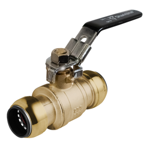 Here is an image of the SharkBite® Ball Valve 15mm SharkBite® - SBA15BV from Sealey, featuring a brass quarter-turn mechanism with a black handle and two compression fittings on either side, perfect for connecting pipes in SharkBite Air Supply systems.