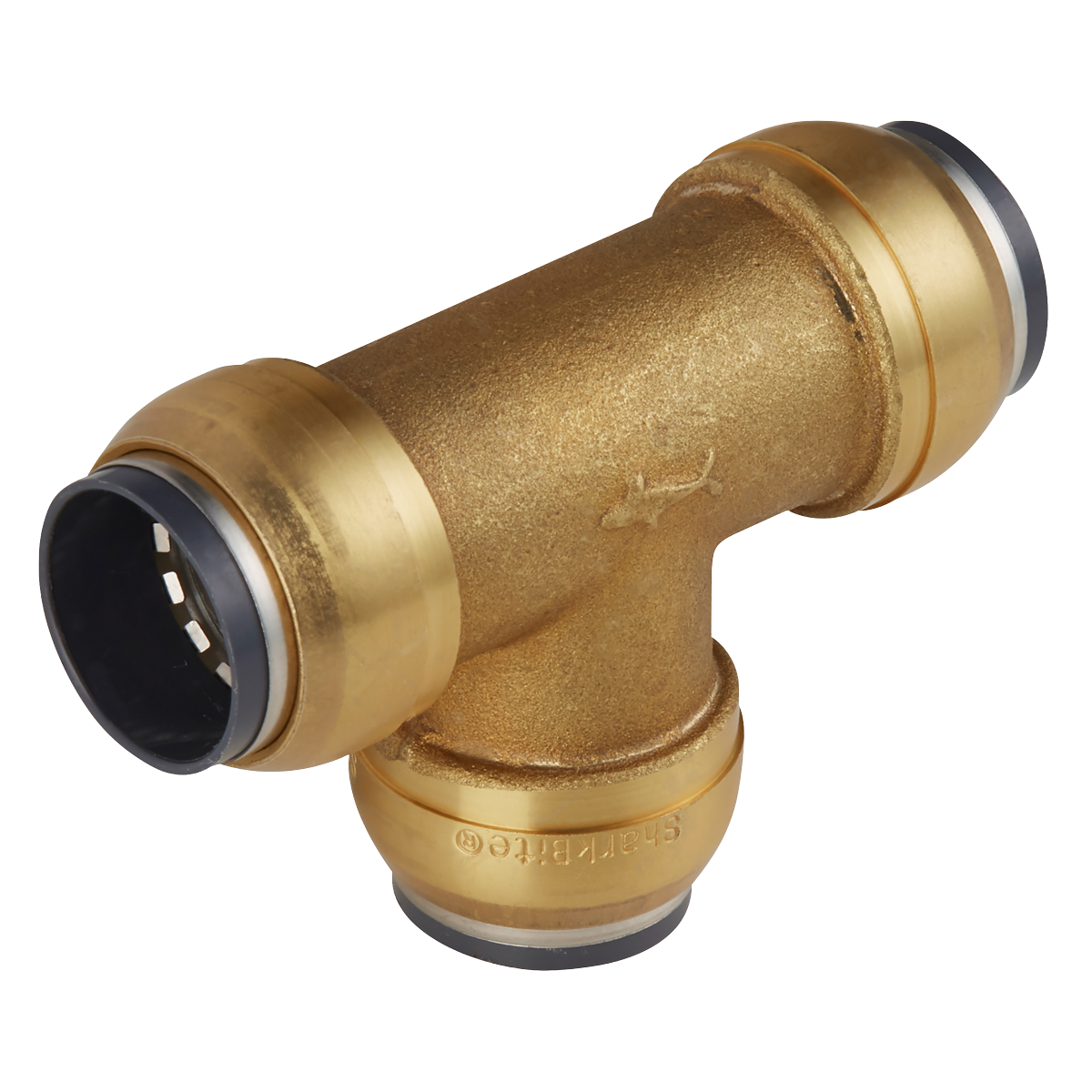 The Sealey SharkBite® Equal Tee Ø15mm - SBA15ET is a brass T-shaped plumbing fitting with push-to-connect ends, ideal for joining three pipes in a Ring Main System.