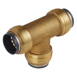 The Sealey SharkBite® Equal Tee Ø15mm - SBA15ET is a brass T-shaped plumbing fitting with push-to-connect ends, ideal for joining three pipes in a Ring Main System.