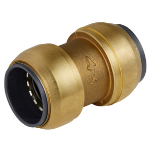 The Sealey SharkBite® Straight Connector Ø15mm - SBA15SC features black interior rings on both ends and is designed for seamlessly joining two pipes, making it ideal for use with aluminium pipes or SharkBite Air Supply systems.