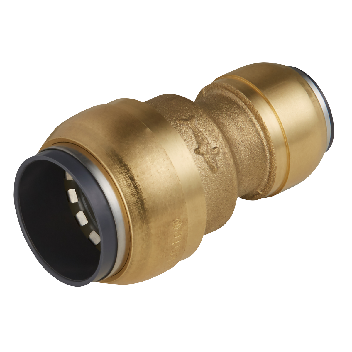 A high-quality Sealey SharkBite® Reducing Coupling - SBA2215 brass push-to-connect pipe fitting with two black rubber seals on each end.