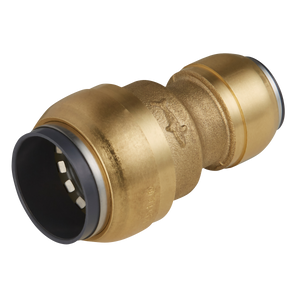 A high-quality Sealey SharkBite® Reducing Coupling - SBA2215 brass push-to-connect pipe fitting with two black rubber seals on each end.