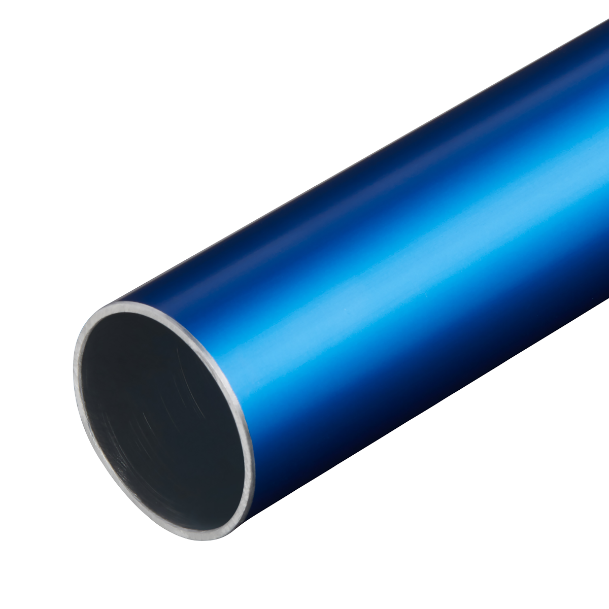 A close-up image of a cylindrical anodised aluminium air pipe with a glossy blue finish. The interior of the pipe is visible, showing a smooth, hollow structure, perfect for SharkBite Air Supply systems. The product shown is the Sealey SharkBite® Anodised Aluminium Pipe Ø28mm x 3m - SBA28AP.