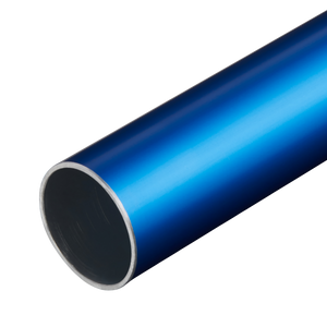 A close-up image of a cylindrical anodised aluminium air pipe with a glossy blue finish. The interior of the pipe is visible, showing a smooth, hollow structure, perfect for SharkBite Air Supply systems. The product shown is the Sealey SharkBite® Anodised Aluminium Pipe Ø28mm x 3m - SBA28AP.