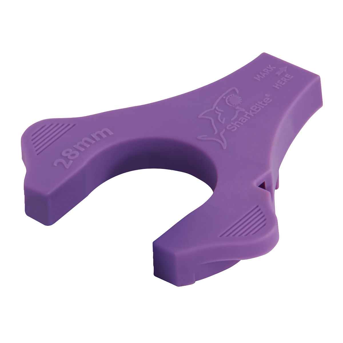 A Sealey SharkBite® Disconnect Clip & Depth Gauge 28mm (SBA28DC), featuring a purple color, a C-shaped cutting area, and a shark logo on the handle, perfect for seamlessly integrating into your air supply ring main system or handling all your pipe fittings with ease.