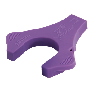 A Sealey SharkBite® Disconnect Clip & Depth Gauge 28mm (SBA28DC), featuring a purple color, a C-shaped cutting area, and a shark logo on the handle, perfect for seamlessly integrating into your air supply ring main system or handling all your pipe fittings with ease.