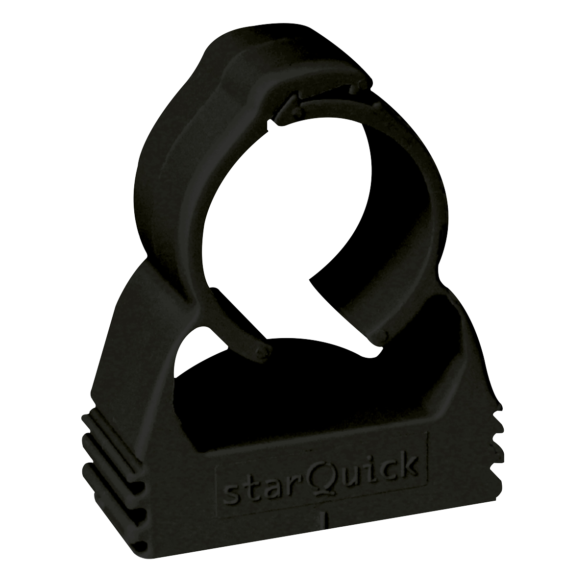 The Sealey SharkBite® Pipe Clip Ø28mm Pack of 10 - SBA28PC is a black plastic clamp with a circular opening, perfect for securing pipes or cables and attaching pipework to walls using high-quality components.