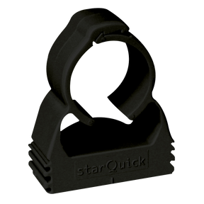 The Sealey SharkBite® Pipe Clip Ø28mm Pack of 10 - SBA28PC is a black plastic clamp with a circular opening, perfect for securing pipes or cables and attaching pipework to walls using high-quality components.