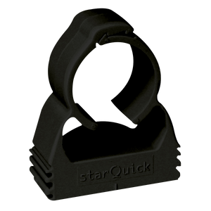 The Sealey SharkBite® Pipe Clip Ø28mm Pack of 10 - SBA28PC is a black plastic clamp with a circular opening, perfect for securing pipes or cables and attaching pipework to walls using high-quality components.