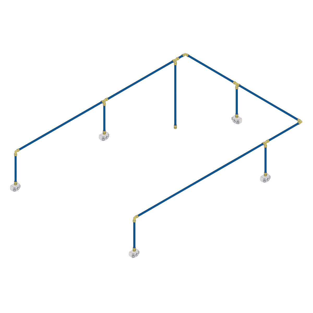 The Sharkbite® 36m 5-Drop Air Supply System Kit by Sealey features a 3D model of a pipe structure with blue and yellow pipes. The design includes a rectangular frame supported by four vertical poles connected to white bases, utilizing anodised aluminium pipes and equal elbow connectors for enhanced stability.