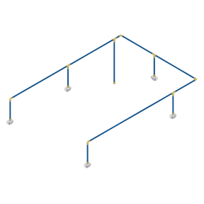 The Sharkbite® 36m 5-Drop Air Supply System Kit by Sealey features a 3D model of a pipe structure with blue and yellow pipes. The design includes a rectangular frame supported by four vertical poles connected to white bases, utilizing anodised aluminium pipes and equal elbow connectors for enhanced stability.