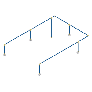 The Sharkbite® 36m 5-Drop Air Supply System Kit by Sealey features a 3D model of a pipe structure with blue and yellow pipes. The design includes a rectangular frame supported by four vertical poles connected to white bases, utilizing anodised aluminium pipes and equal elbow connectors for enhanced stability.