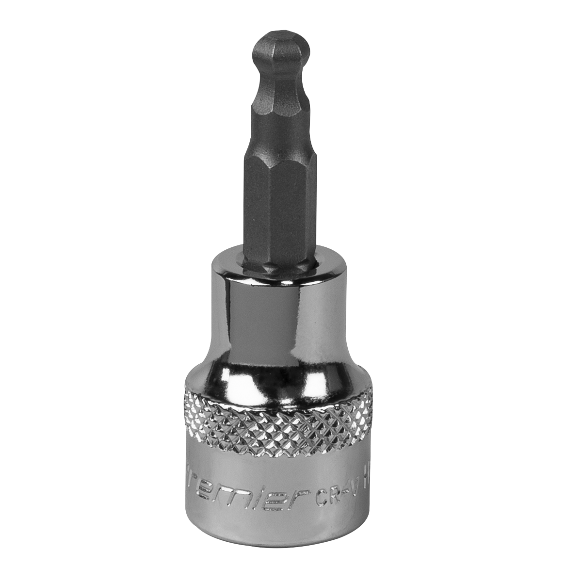 A Sealey Ball-End Hex Socket Bit 5mm 3/8"Sq Drive (SBBH003) with a knurled grip is depicted against a plain white background, showcasing its Chrome Vanadium steel construction and lifetime guarantee.