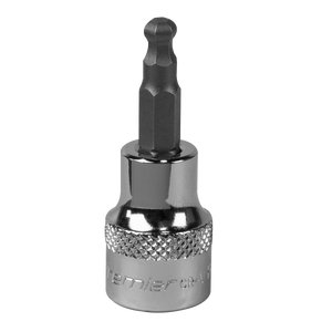 A Sealey Ball-End Hex Socket Bit 5mm 3/8"Sq Drive (SBBH003) with a knurled grip is depicted against a plain white background, showcasing its Chrome Vanadium steel construction and lifetime guarantee.