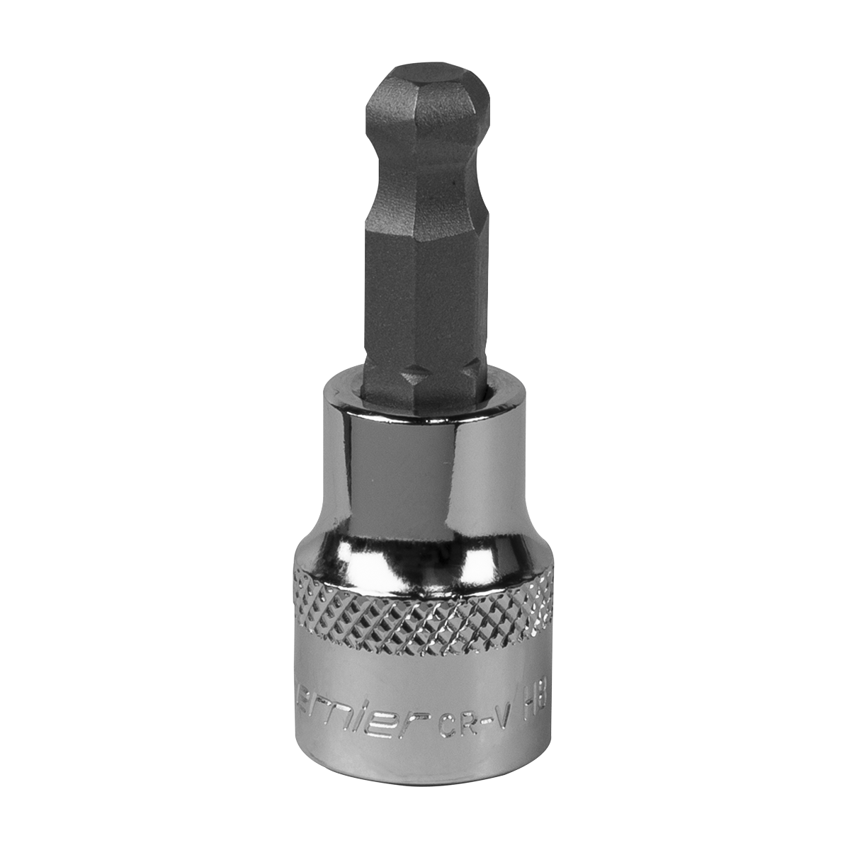 The Sealey Ball-End Hex Socket Bit 8mm 3/8" Square Drive - SBBH006, made from durable Chrome Vanadium steel and featuring a short, knurled grip with a black hexagonal bit, is commonly used with ratchet wrenches for fastening bolts and screws. It comes with a lifetime guarantee for lasting reliability.