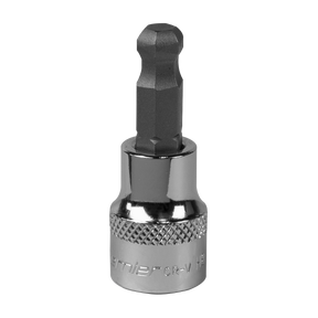 The Sealey Ball-End Hex Socket Bit 8mm 3/8" Square Drive - SBBH006, made from durable Chrome Vanadium steel and featuring a short, knurled grip with a black hexagonal bit, is commonly used with ratchet wrenches for fastening bolts and screws. It comes with a lifetime guarantee for lasting reliability.
