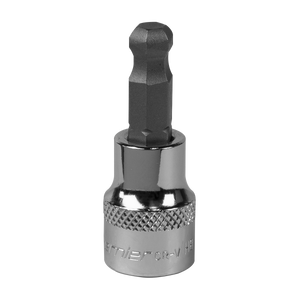 The Sealey Ball-End Hex Socket Bit 8mm 3/8" Square Drive - SBBH006, made from durable Chrome Vanadium steel and featuring a short, knurled grip with a black hexagonal bit, is commonly used with ratchet wrenches for fastening bolts and screws. It comes with a lifetime guarantee for lasting reliability.