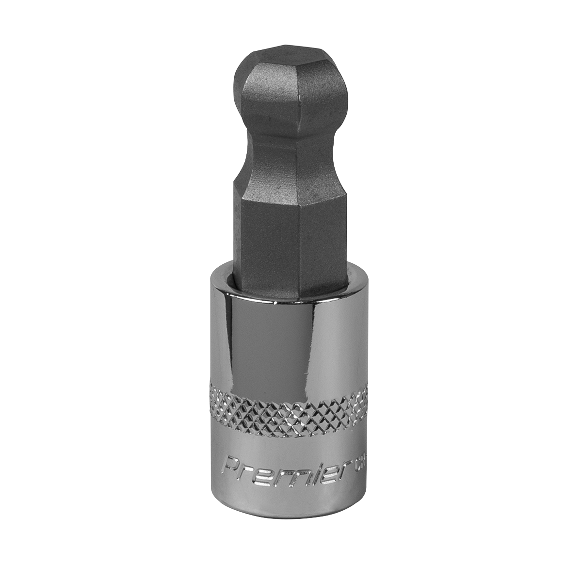 The Ball-End Hex Socket Bit 12mm 3/8" Square Drive - SBBH009, made by Sealey, features a robust Chrome Vanadium steel construction with an elegant chrome finish and a knurled grip area, showcasing the dependable quality associated with Sealey tools.