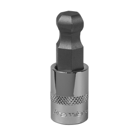 The Ball-End Hex Socket Bit 12mm 3/8" Square Drive - SBBH009, made by Sealey, features a robust Chrome Vanadium steel construction with an elegant chrome finish and a knurled grip area, showcasing the dependable quality associated with Sealey tools.