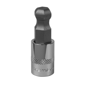 The Ball-End Hex Socket Bit 12mm 3/8" Square Drive - SBBH009, made by Sealey, features a robust Chrome Vanadium steel construction with an elegant chrome finish and a knurled grip area, showcasing the dependable quality associated with Sealey tools.