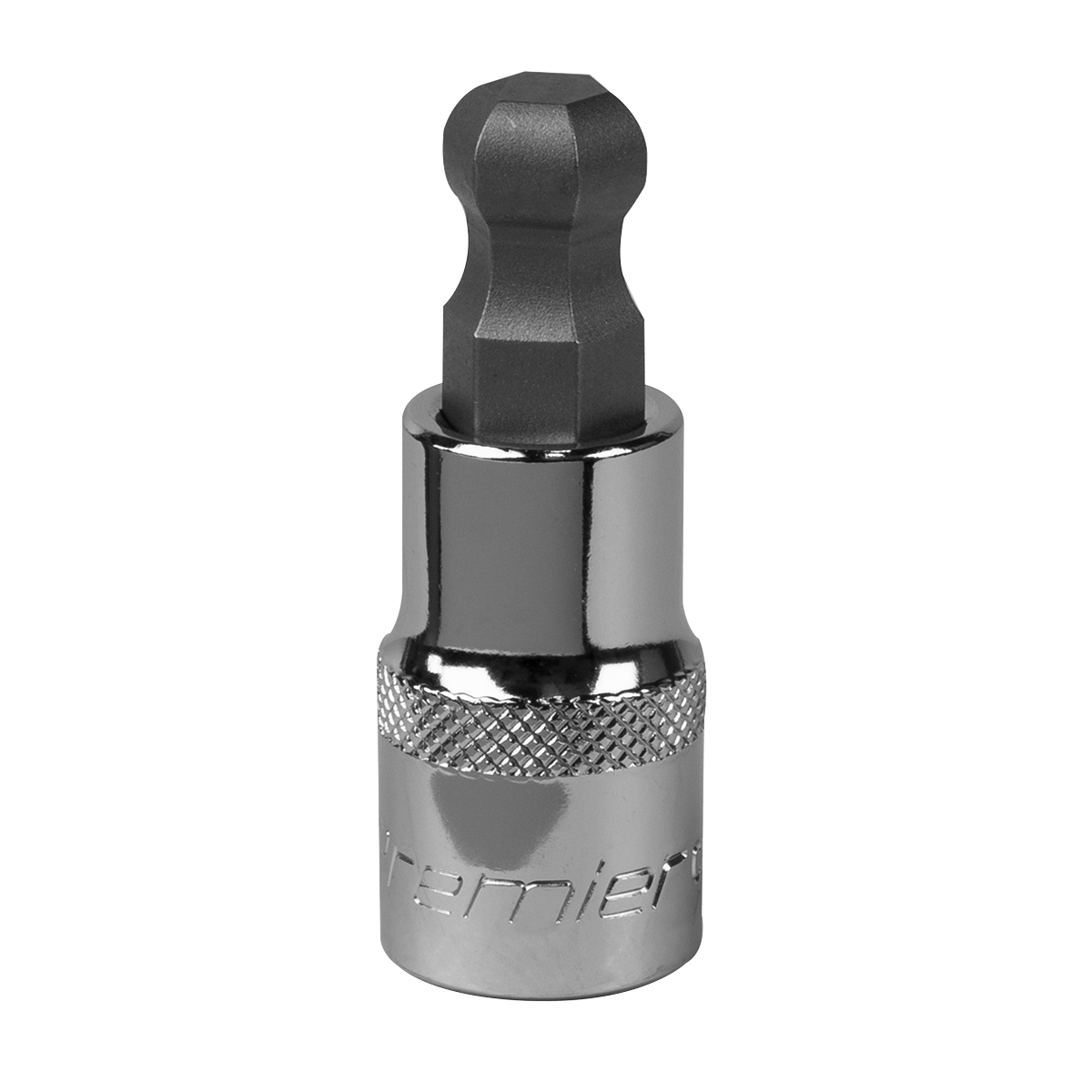 Introducing the Sealey Ball-End Hex Socket Bit 12mm 1/2"Sq Drive - SBBH010, a Premier Hand Tools product with a durable S2 steel bit and a black hexagonal head designed for use with hex bit driver applications.