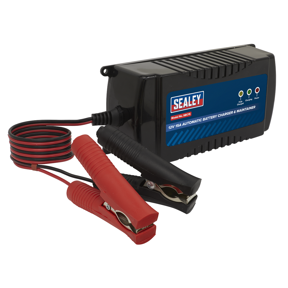 The Sealey Battery Maintainer Charger 12V 15A Fully Automatic - SBC15, featuring black and red clamp cords, is ideal for maintaining 12V batteries.