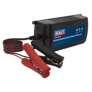 The Sealey Battery Maintainer Charger 12V 15A Fully Automatic - SBC15, featuring black and red clamp cords, is ideal for maintaining 12V batteries.