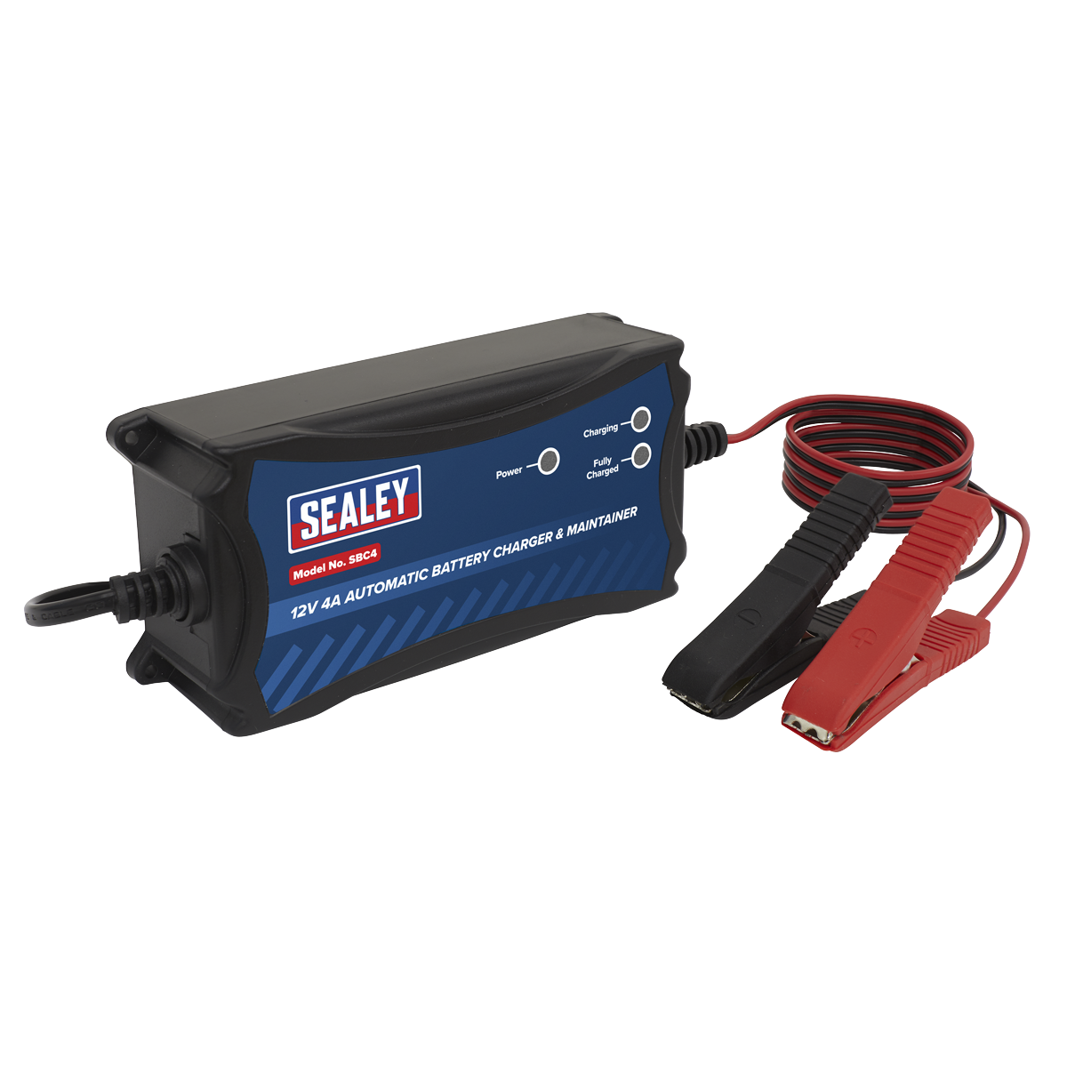 A Sealey SBC4 Battery Maintainer Charger 12V 4A Fully Automatic with black and red alligator clips attached to cords, featuring sulfation repair for improved battery health.