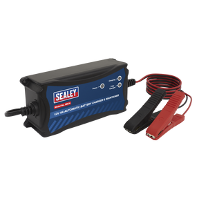 A Sealey SBC4 Battery Maintainer Charger 12V 4A Fully Automatic with black and red alligator clips attached to cords, featuring sulfation repair for improved battery health.