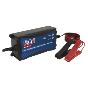 A Sealey SBC4 Battery Maintainer Charger 12V 4A Fully Automatic with black and red alligator clips attached to cords, featuring sulfation repair for improved battery health.