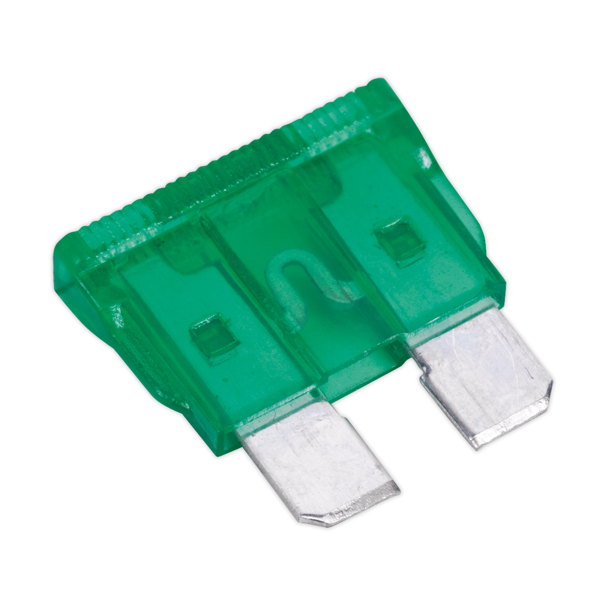 A Sealey Automotive Standard Blade Fuse 30A from the SBF3050 pack of 50, features two metal prongs and a transparent green plastic housing, designed for protecting electrical circuits in vehicles.