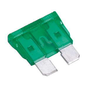 A Sealey Automotive Standard Blade Fuse 30A from the SBF3050 pack of 50, features two metal prongs and a transparent green plastic housing, designed for protecting electrical circuits in vehicles.