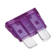 A close-up view of a Sealey Automotive Standard Blade Fuse 3A from the SBF350 pack, featuring a purple casing and two metal prongs.