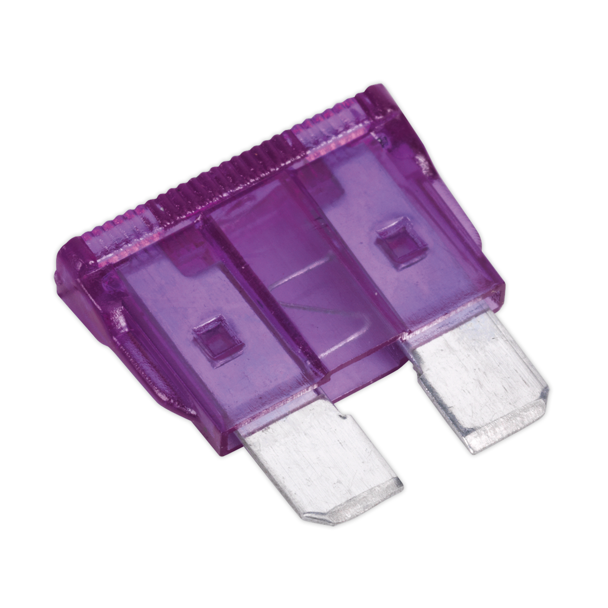 A close-up view of a Sealey Automotive Standard Blade Fuse 3A from the SBF350 pack, featuring a purple casing and two metal prongs.