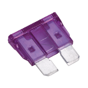 A close-up view of a Sealey Automotive Standard Blade Fuse 3A from the SBF350 pack, featuring a purple casing and two metal prongs.