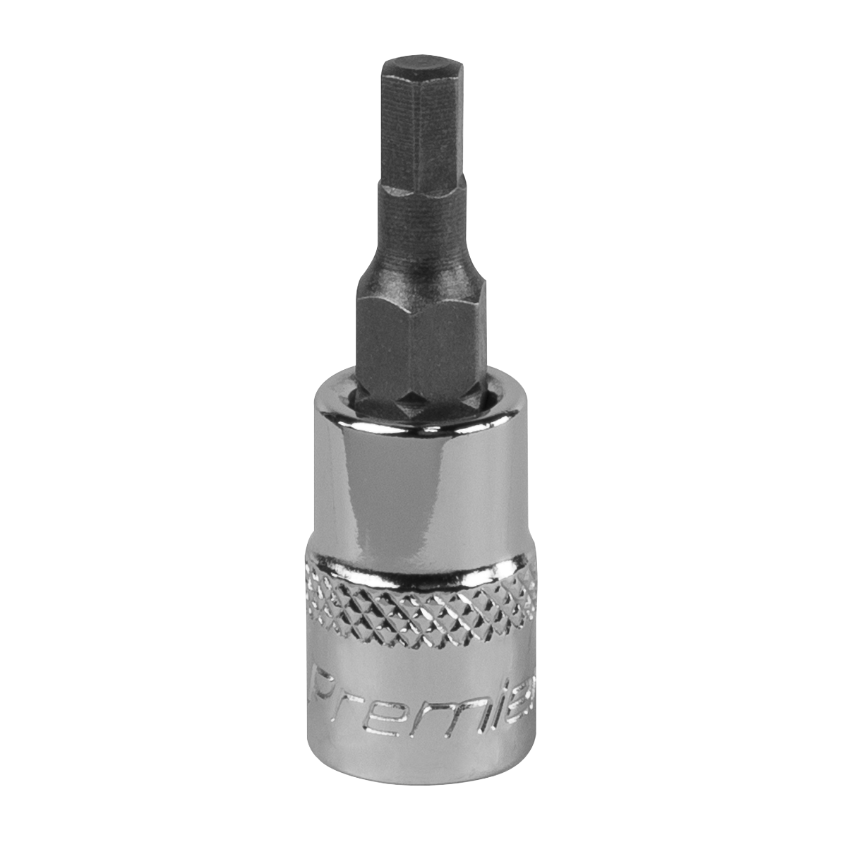 Close-up image of a Sealey Hex Socket Bit 4mm 1/4"Sq Drive - SBH002 with a shiny, chrome-plated finish. Crafted from durable Chrome Vanadium steel, the socket features a knurled grip near the base for better handling and comes with a lifetime guarantee.