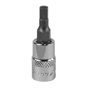 Close-up image of a Sealey Hex Socket Bit 4mm 1/4"Sq Drive - SBH002 with a shiny, chrome-plated finish. Crafted from durable Chrome Vanadium steel, the socket features a knurled grip near the base for better handling and comes with a lifetime guarantee.