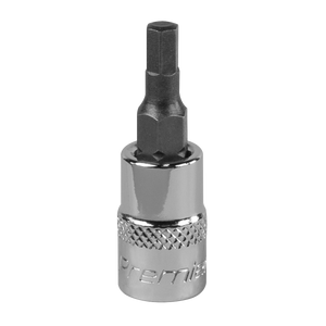 Close-up image of a Sealey Hex Socket Bit 4mm 1/4"Sq Drive - SBH002 with a shiny, chrome-plated finish. Crafted from durable Chrome Vanadium steel, the socket features a knurled grip near the base for better handling and comes with a lifetime guarantee.